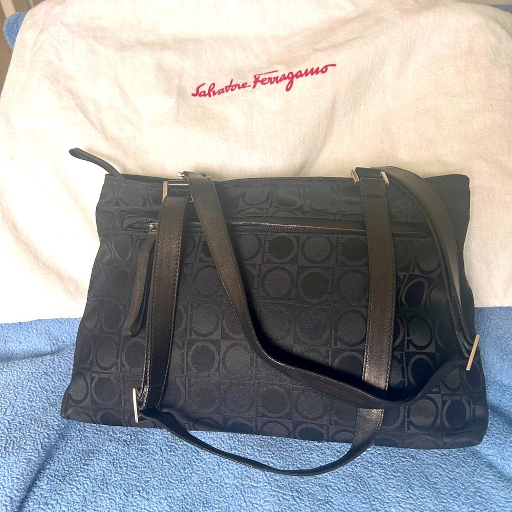 Salvatore Ferragamo Black Gancini Monogram Canvas Leather Tote Shoulder Bag